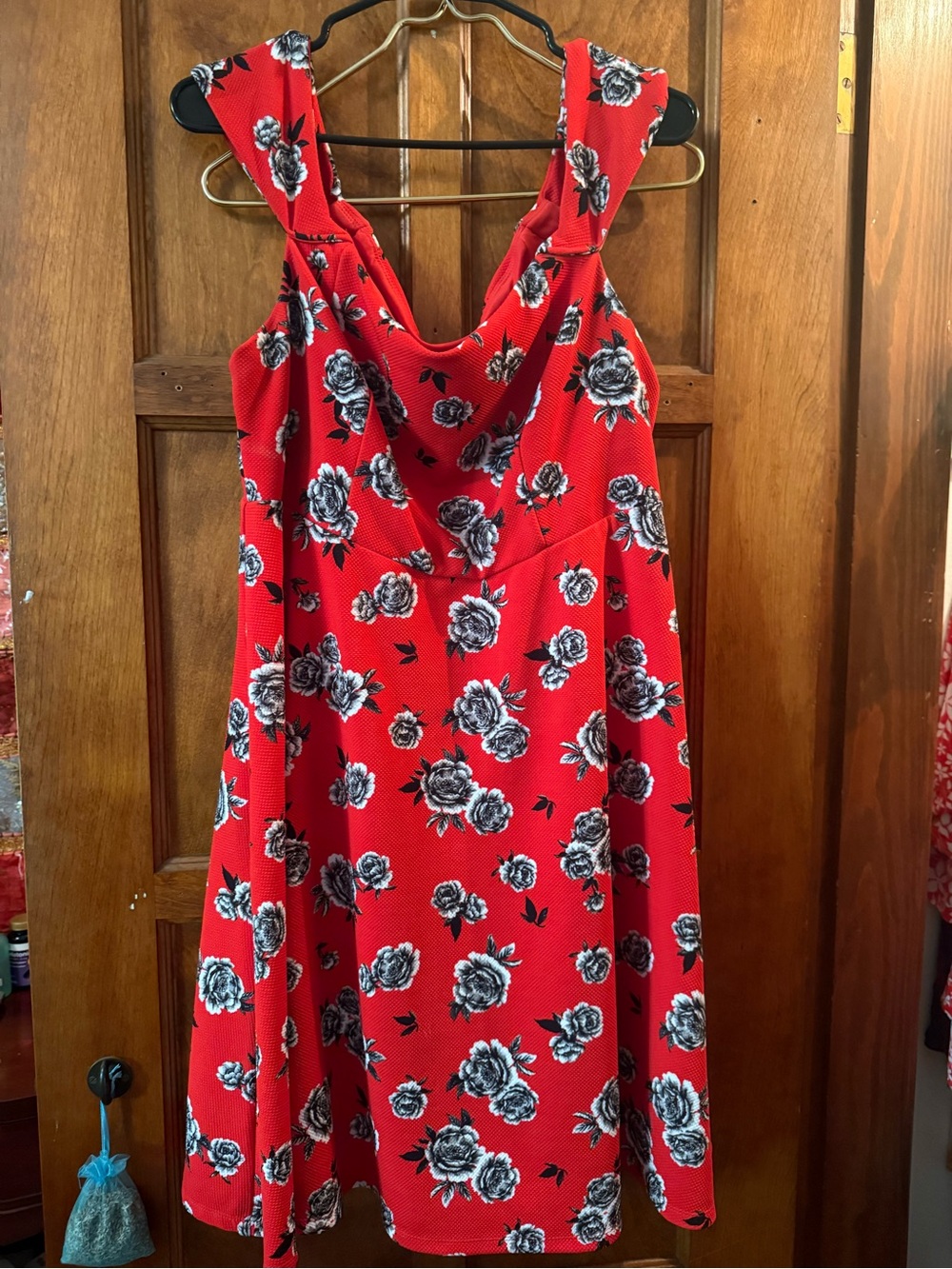 torrid Red Off the Shoulder Dress with Black & White Floral Print